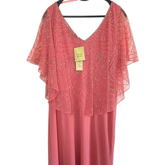 NWT J Kara Women's Geometrical Capelet Beaded Maxi Dress Coral v neck sz 18‎ - Picture 10 of 13